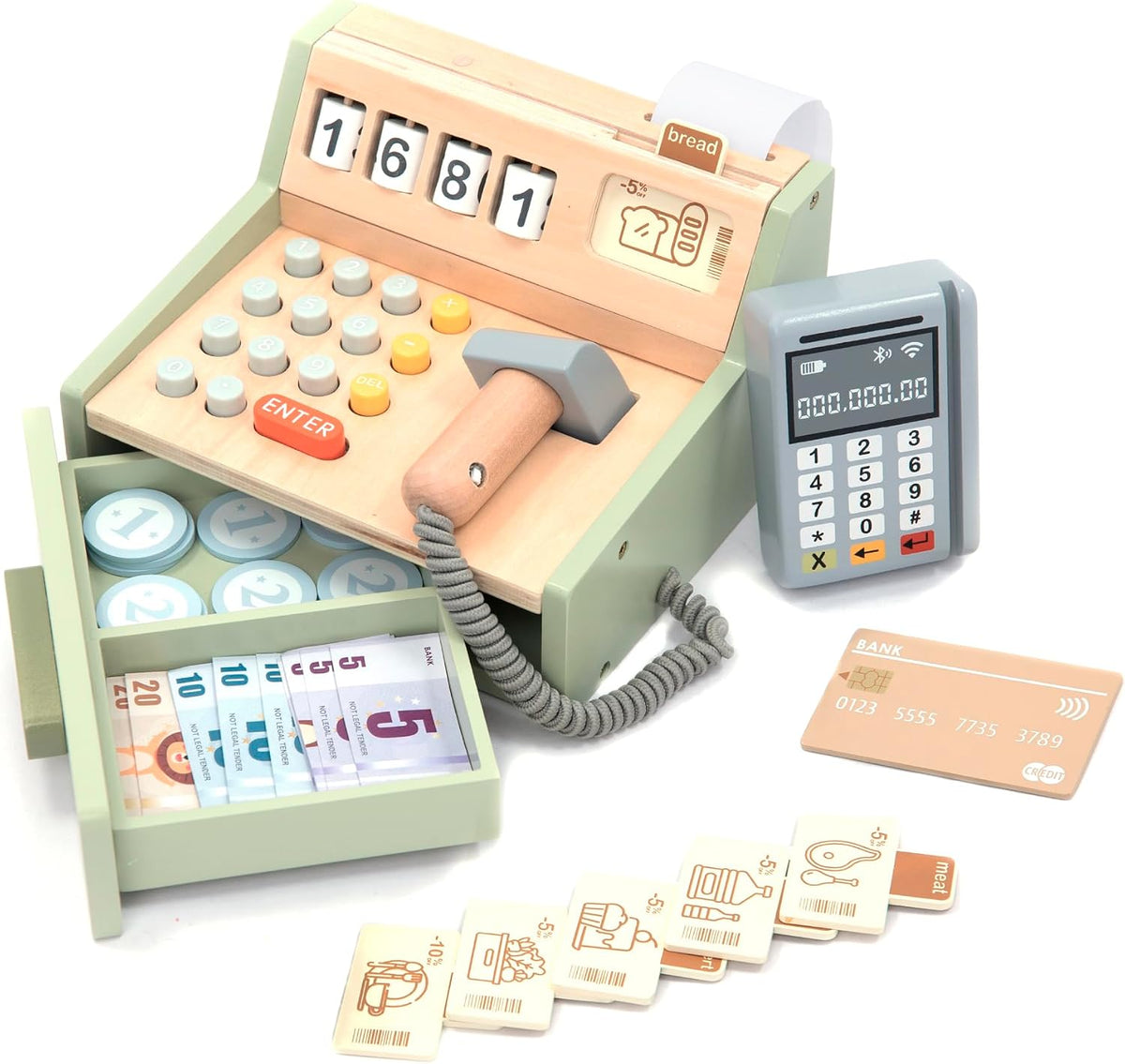 UMU® Caja registradora de madera para niños, incluye accesorios (escáner, terminal de pago, dinero de juego, etc.), tienda de juegos de rol y accesorios para niños de 3, 4, 5, 6 años