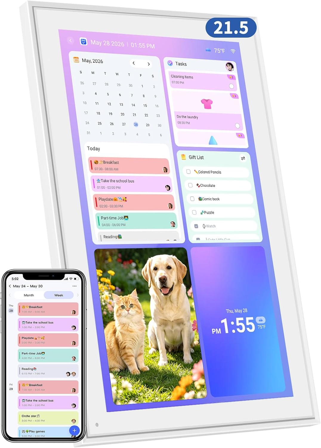 Calendario digital de pared de 21.5 pulgadas con gráfico de tareas y
