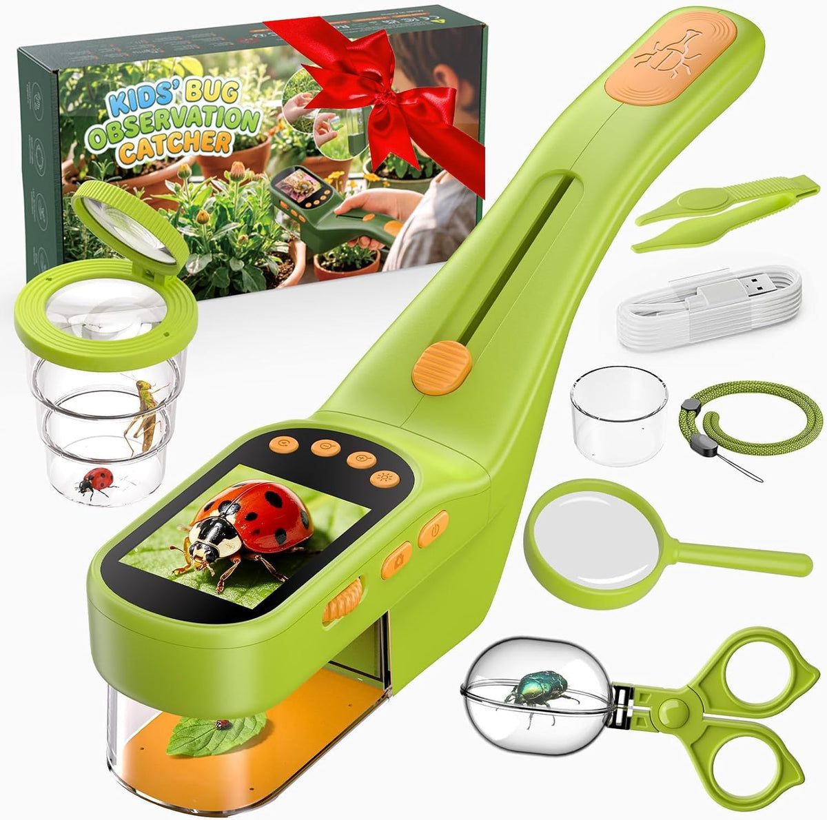 Microscopio de mano para niños, juguete STEM explorador al aire libre con herramientas adicionales, pantalla IPS de 2.4 pulgadas, agarre ergonómico, cámara digital, foto/video, lupa, kit de ciencia