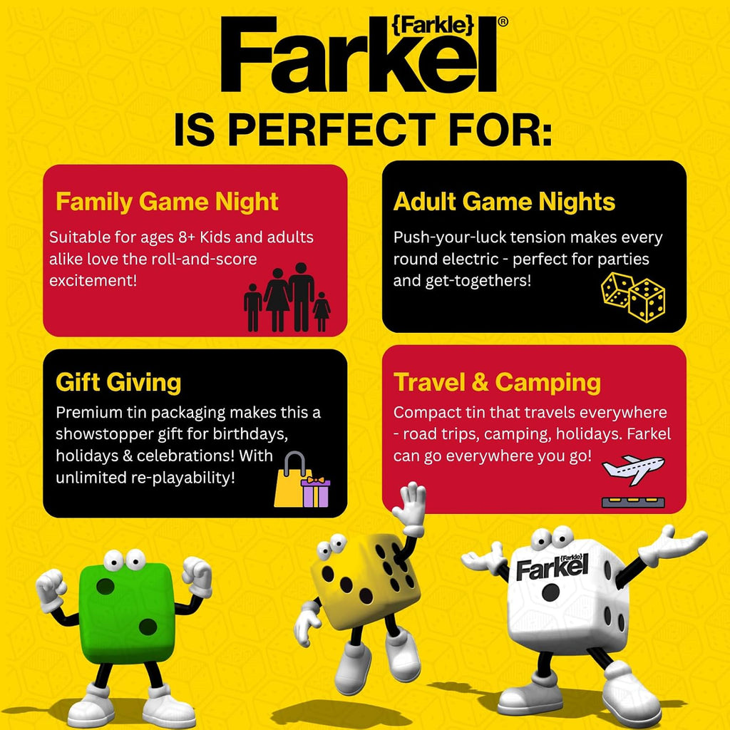 Farkel Juego de dados clásicos para fiestas, juego de dados con licencia oficial de Farkle, 36 dados, 6 tazas, hojas de puntuación y lata de almacenamiento, juego de dados de viaje para noche de juego familiar | 2+ jugadores, a partir de 8 años