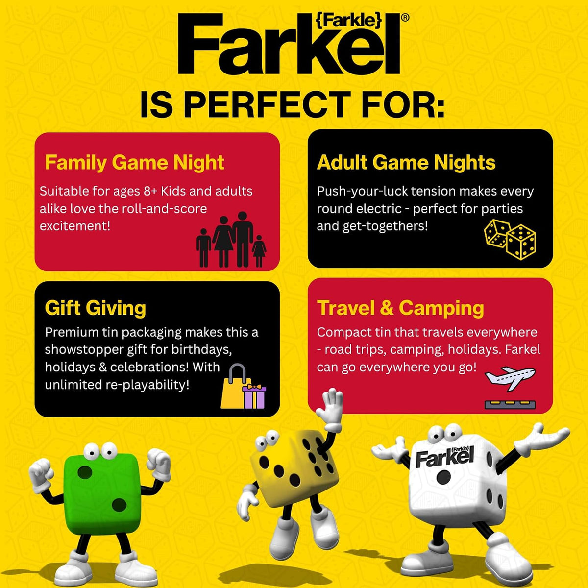 Farkel Juego de dados clásicos para fiestas, juego de dados con licencia oficial de Farkle, 36 dados, 6 tazas, hojas de puntuación y lata de almacenamiento, juego de dados de viaje para noche de juego familiar | 2+ jugadores, a partir de 8 años