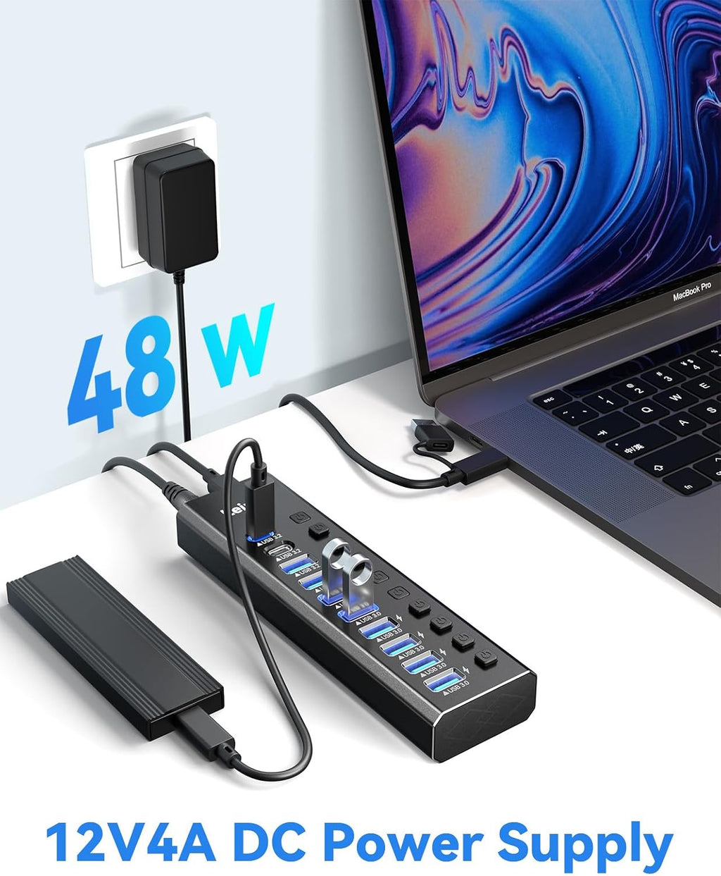 Leinsis, KZW-U10217B, hub USB 3.2 de 10 puertos, alimentado