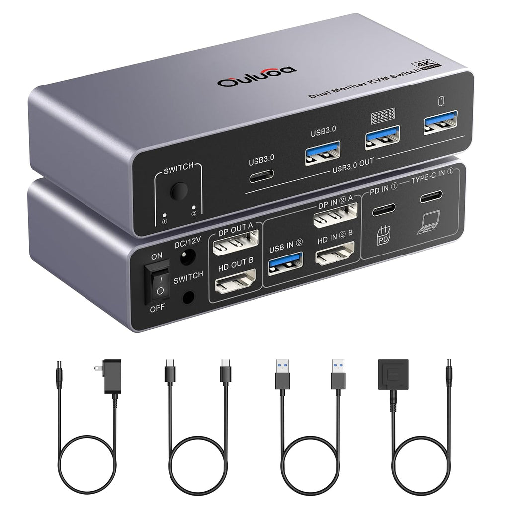 Interruptor KVM USB C de 8K a 60Hz, 2 monitores, 2 computadoras, interruptor KVM de monitor dual para escritorio y laptop, 4K a 144Hz DP+HDMI DisplayPort, 4 puertos USB 3.0, carga PD de 100 W