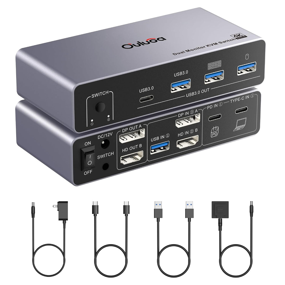 Interruptor KVM USB C de 8K a 60Hz, 2 monitores, 2 computadoras, interruptor KVM de monitor dual para escritorio y laptop, 4K a 144Hz DP+HDMI DisplayPort, 4 puertos USB 3.0, carga PD de 100 W