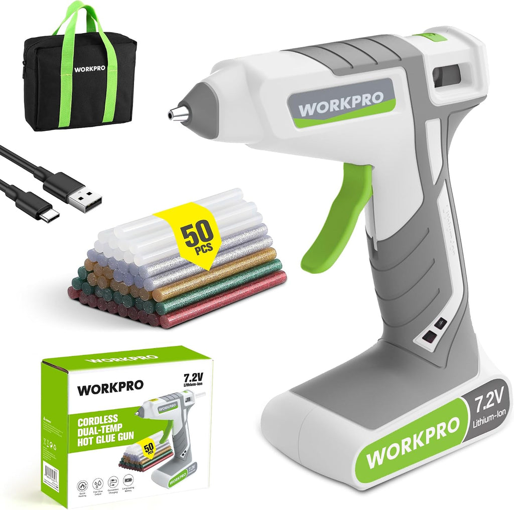 WORKPRO Pistola de pegamento caliente inalámbrica, kit de doble temperatura