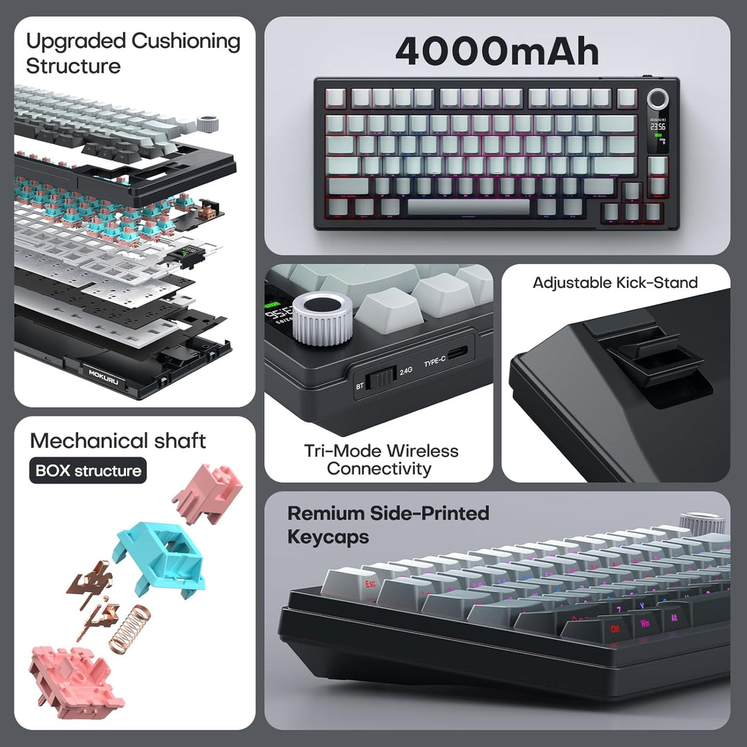 MOKURU Teclado mecánico inalámbrico, tres modos BT\/2.4G\/USB-C, co...