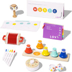 LOVEVERY El set de música | 6 instrumentos musicales Montessori y libro de ritmo | Juguetes educativos para niños pequeños y preescolares | Canciones simples y guía de juego | Edades 18 meses a 4+