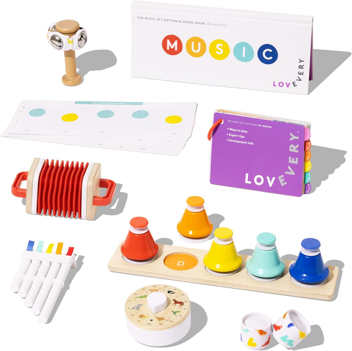 LOVEVERY El set de música | 6 instrumentos musicales Montessori y libro de ritmo | Juguetes educativos para niños pequeños y preescolares | Canciones simples y guía de juego | Edades 18 meses a 4+