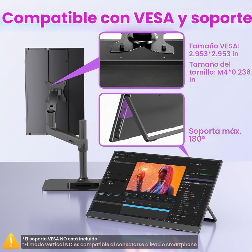 Upperizon Monitor portátil de 16 pulgadas 2K QHD 2560X1600 145% sRGB, 144Hz USB-C, 120Hz HDMI, monitor de viaje para laptop, MacBook, PC, Surface PS5 Xbox, pantalla externa con soporte y altavoz compatible con VESA