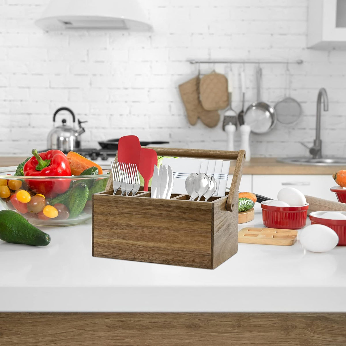 VaeFae Organizador de cubiertos de acacia con asa, soporte para utensilios de madera, organizador de múltiples posiciones para cocina, oficina, baño, dormitorio