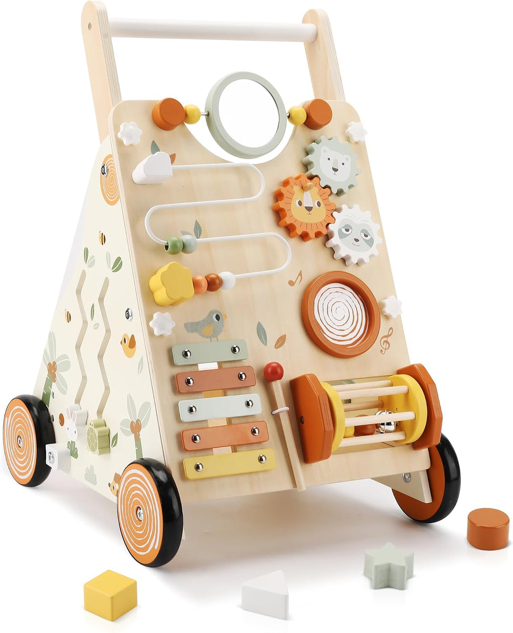 Andador de madera para bebés, andador de empuje para bebés con centro de actividades para niñas y niños, juguetes Montessori Push Walker para bebés que aprenden a caminar, sentado a pie, para 10-12 meses, 1, 2, 3 años