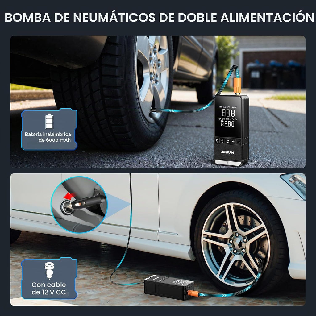 Inflador de neumáticos, compresor de aire portátil, bomba de aire inteligente inalámbrica de 150 PSI para neumáticos de automóvil, luz LED y apagado automático, bomba de neumáticos para