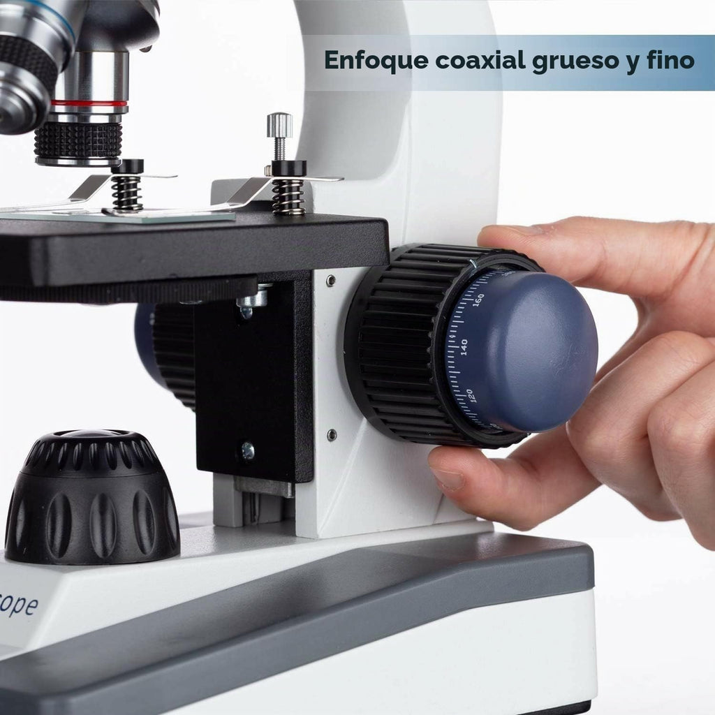 AmScope Serie M150 Microscopio Monocular Compuesto Portátil para Estudiantes - Aumento de 40X-1000X - Cuenta con Luz LED y 25 Diapositivas Preparadas - Tiene Enfoque Grueso y Fino