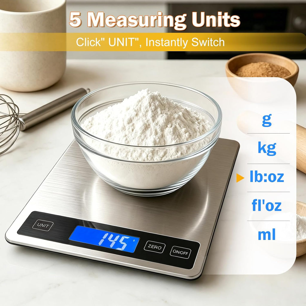 Báscula de alimentos de 33 libras, báscula digital de cocina con baterías y carga USB, graduación precisa de 1g/0.05oz, acero inoxidable impermeable con pantalla LCD, peso en gramos y onzas para