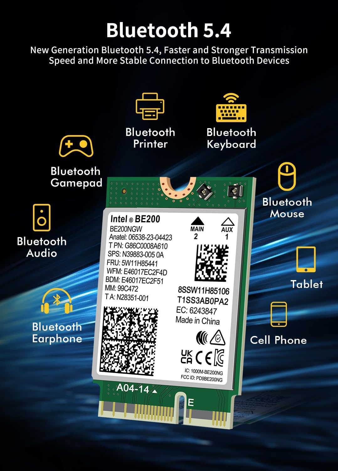 Tarjeta WiFi 7 Intel BE200 NGW, Bluetooth 5.4, 5800Mbps M.2\/NGFF,...