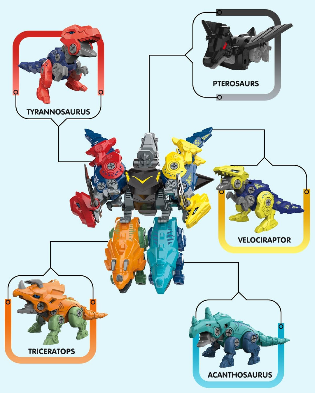 Humzo - Juguetes transformadores de dinosaurio 5 en 1 para