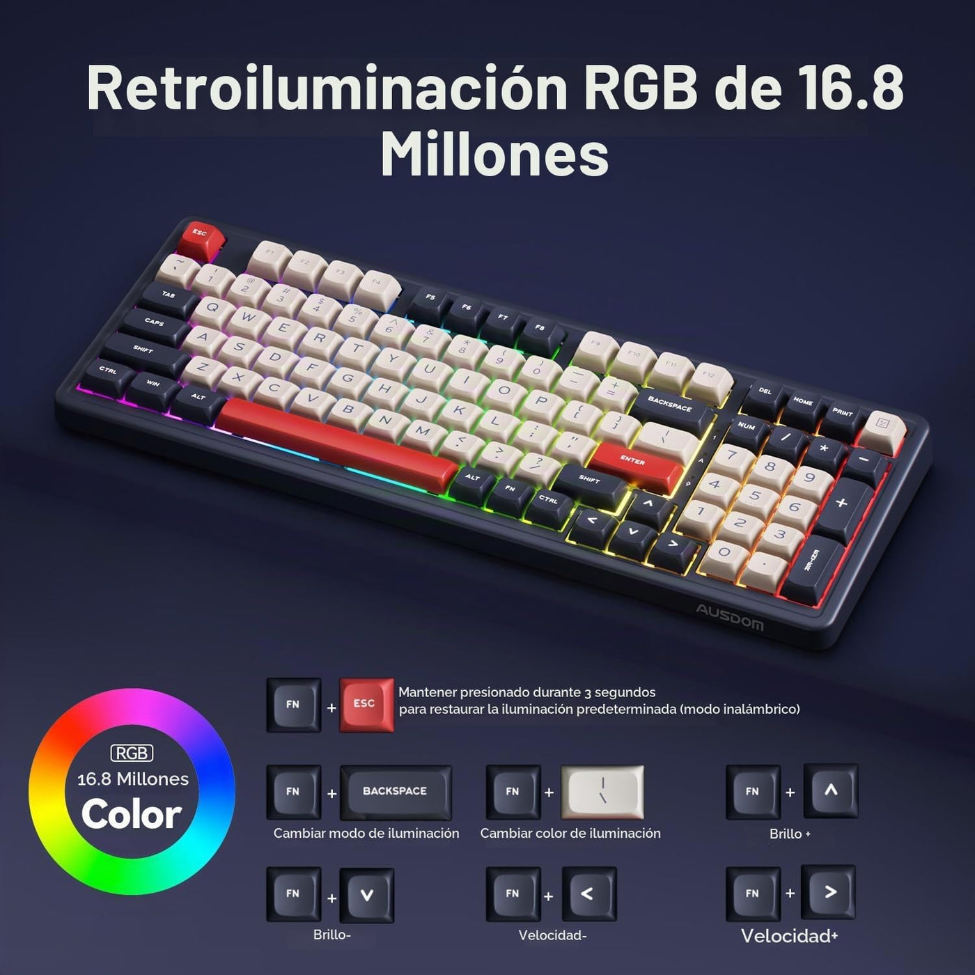 AUSDOM Teclado mecánico Bluetooth inalámbrico H98, BT5.3\/Type-C\/2...