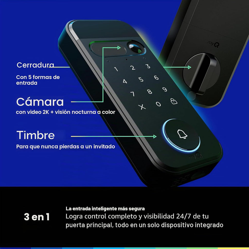myQ Secure View™ - Cerradura inteligente 3 en 1 + timbre myQ + batería adicional, bloqueo de entrada sin llave, cámara de timbre HDR 2K, acceso facial, huella digital y PIN, control de aplicaciones
