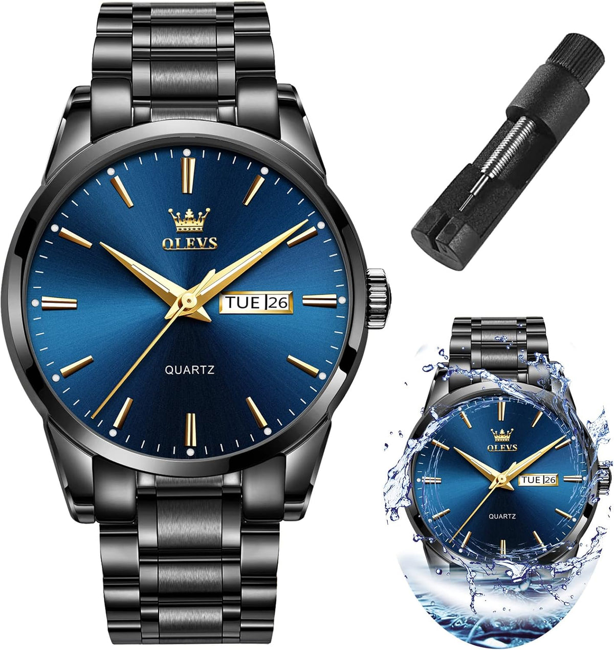 OLEVS Relojes para Hombre de Lujo a prueba de agua Lúminosos de lectura fácil Cronógrafo Con Esmalte Dorado Completo / Blanco Dial / Cara Negra Calendario Pulsera Relojes