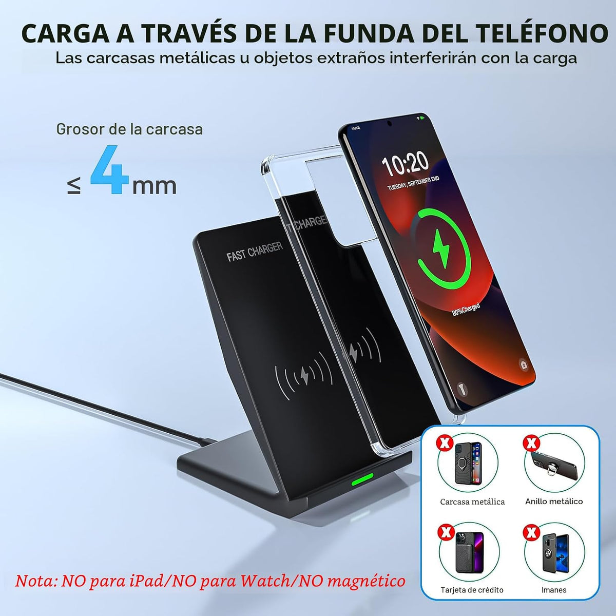 Cargador inalámbrico rápido, soporte de carga inalámbrico de escritorio con adaptador USB PD de 20 W para Samsung Galaxy S25/S24/S23/S22/S21/Note 20, Pixel 8/7 Pro, para iPhone 17 Pro Max/17 Pro/17/16