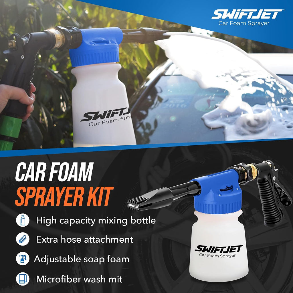 SwiftJet Espuma para Lavado de Autos con Pistola y Guante de Lavado - Funciona con Cualquier Jabón y Manguera de Jardín