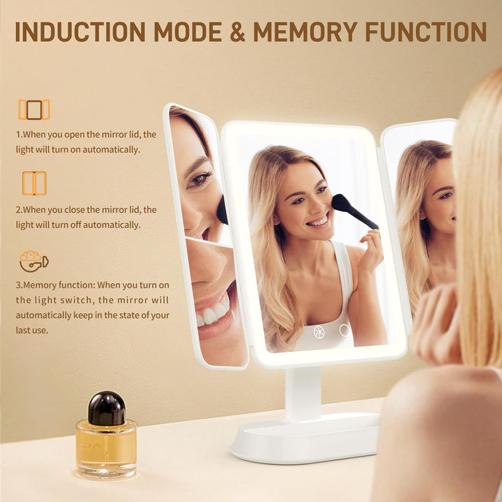 FRANO Espejo de maquillaje plegable de tres pliegues con luces, esp...