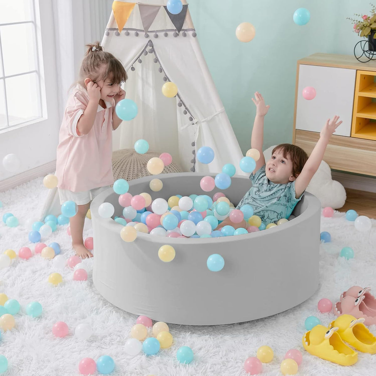 Piscina de Pelotas de Espuma, 35.4" x 11.8" Piscina de Pelotas para Niños Pequeños - Gris