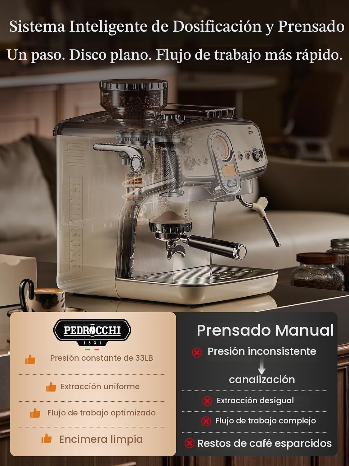Máquina de café expreso con molinillo y espumador de leche | Café instantáneo de espresso a frío - Bomba doble | Apisonado automático y 2.283 in | 20 bar | PID | 35 ajustes | Varitas de