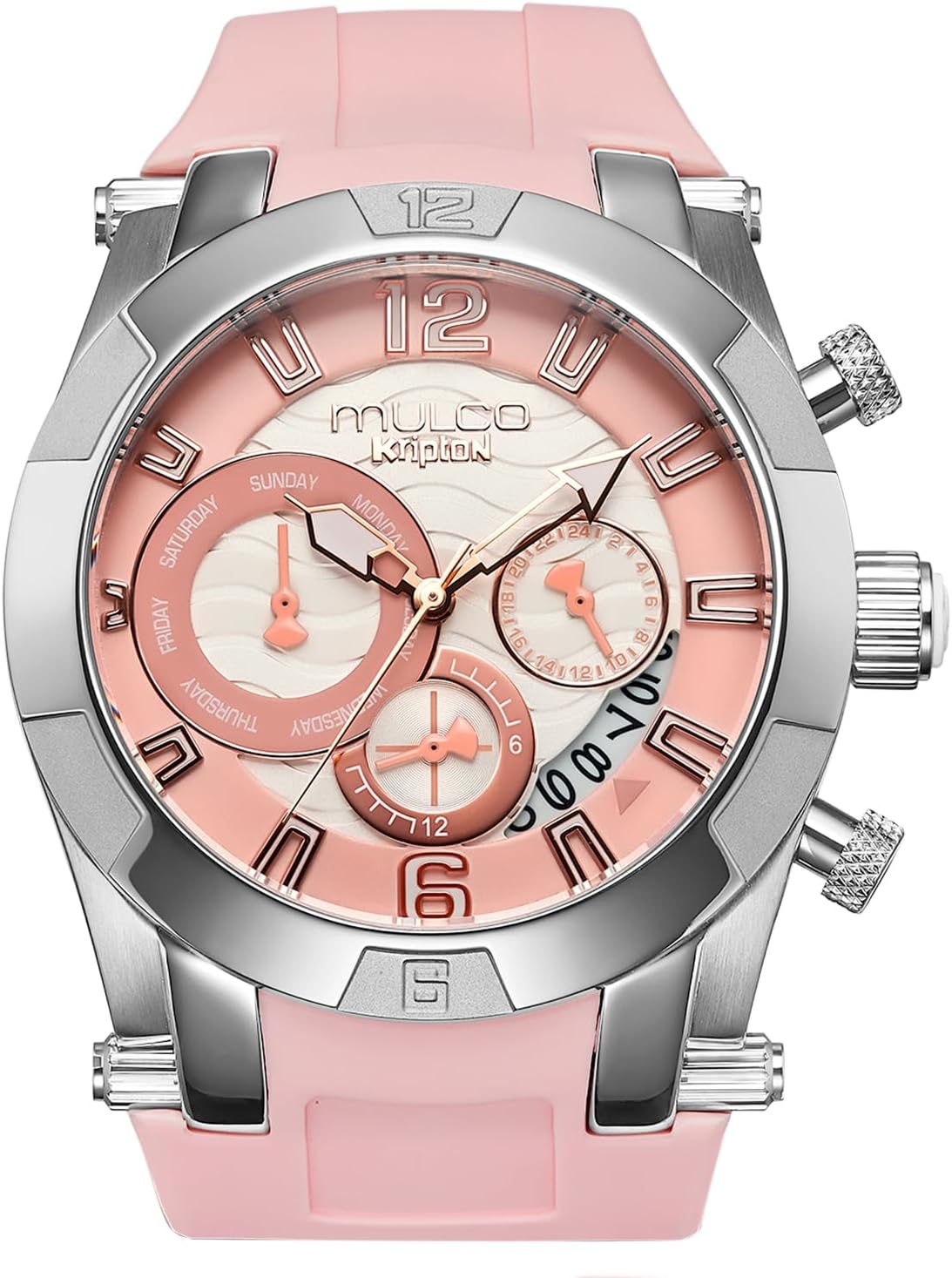MULCO Relojes para mujer, Kripton Lady - Caja de acero inoxidable de 1.811 in, negro con correa de silicona para muñeca, movimiento multifuncional de cuarzo para día y fecha, pantalla analógica