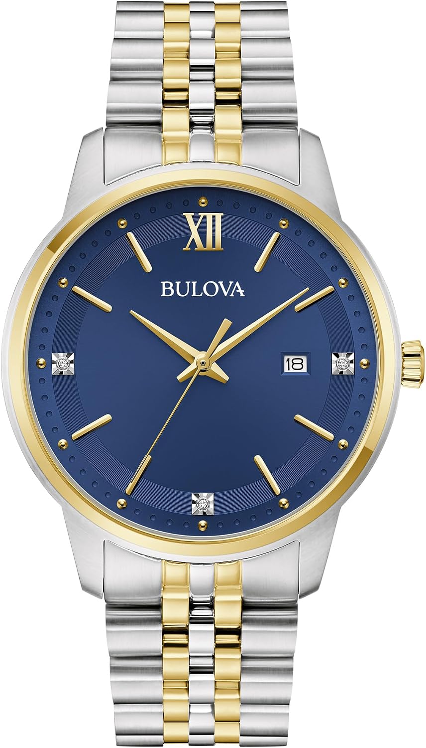 Bulova Reloj clásico de tres manecillas para hombre, con diamantes, de cuarzo, dos tonos, acero inoxidable, Estilo: 98D188
