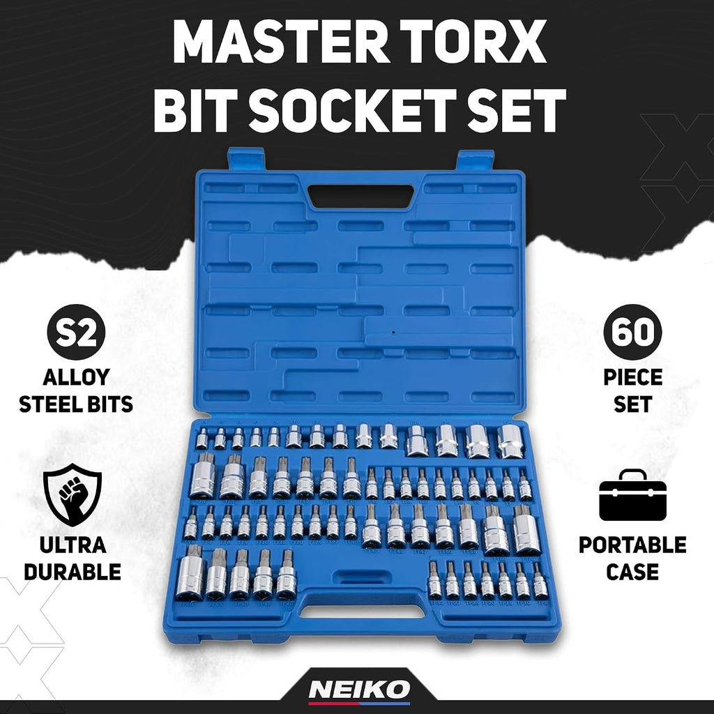 NEIKO 10083A Juego de llaves de vaso Torx Master y enchufe Torx externo, acero S2 y CrV, kit completo de salida de torque suprema, 60 piezas