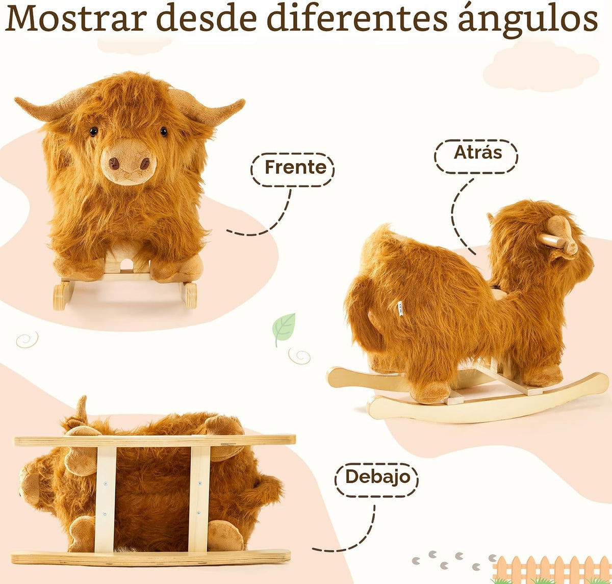 Caballo mecedora bebé, caballo de madera de ganado Highlander para niños de 1 año lindo vaca de peluche suave cabalgadura juguete mecedora animal para bebés niños y niñas regalo de guardería/niño