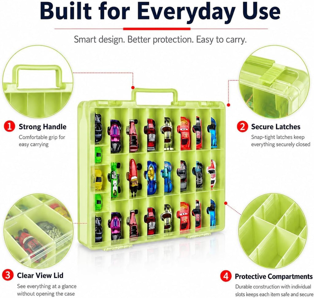 Caja Organizadora de Juguetes Compatible con Autos Hot Wheels, Contenedor para Autos de Matchbox, Mini Juguetes, Muñecas Pequeñas, Caja de Transporte Doble Cara para Hotwheels - 48