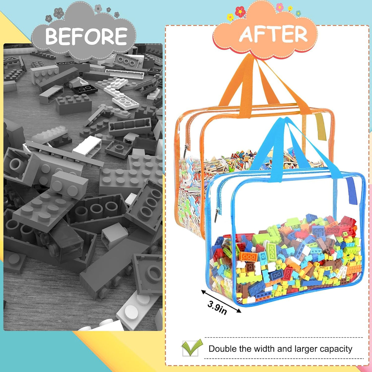 6 Colors Large Toy Storage Bags Reusable Clear Toy Organizer con Labels
