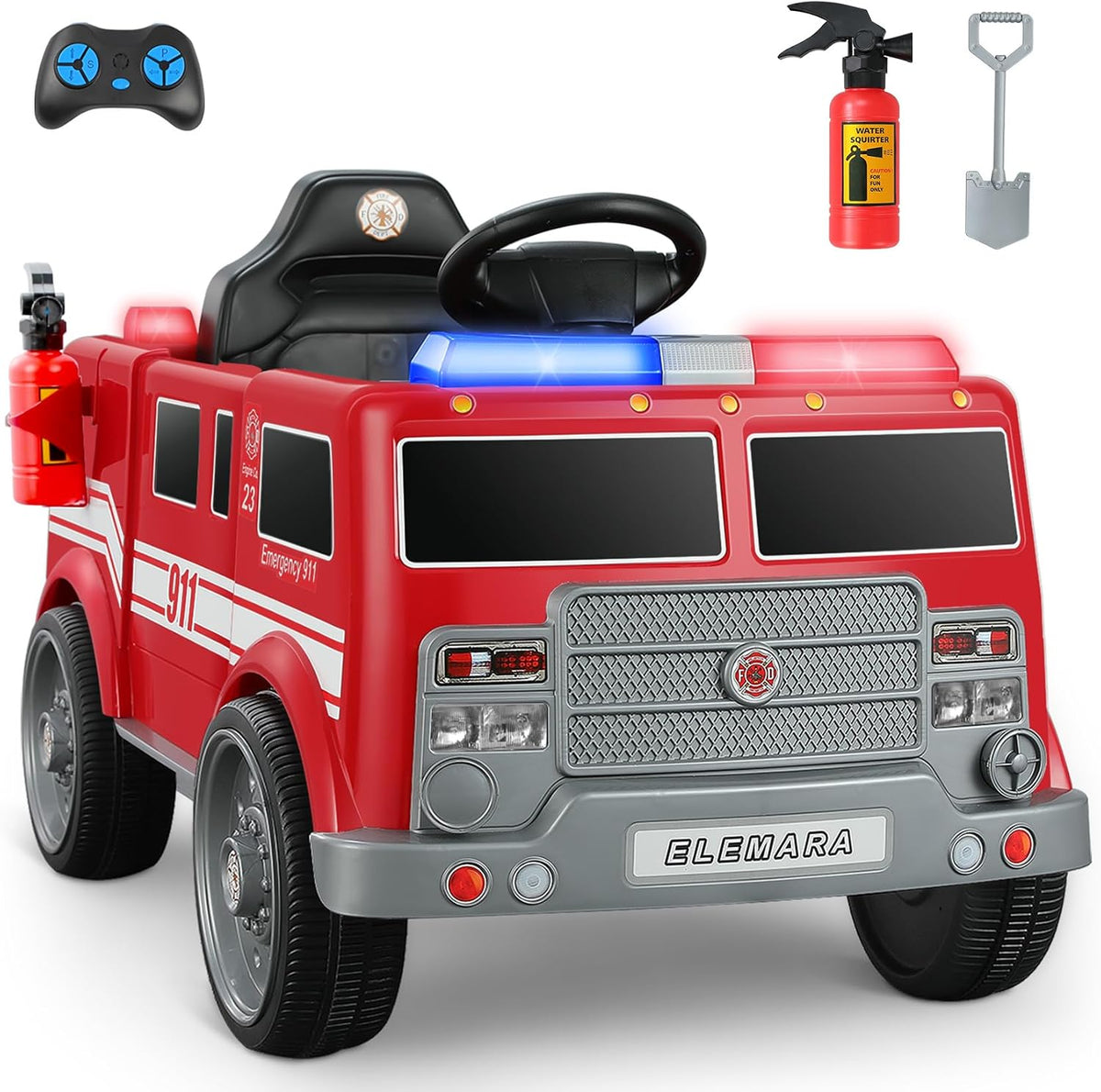 Camión de bomberos de 12 V, automóvil eléctrico alimentado por batería para niños con control remoto para padres, auto para niños, llamada de sirena, walkie-talkies, luces intermitentes