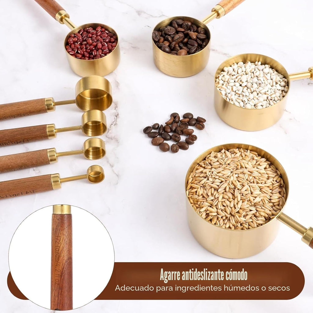 Juego de tazas y cucharas medidoras doradas con mango de madera de acero inoxidable US Metric