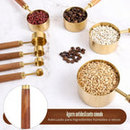 Juego de tazas y cucharas medidoras doradas con mango de madera de acero inoxidable US Metric