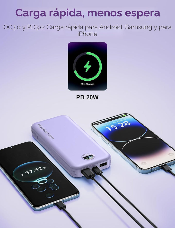 Cargador portátil, 12000 mAh, 22,5 W, USB C, carga rápida, con cabl...