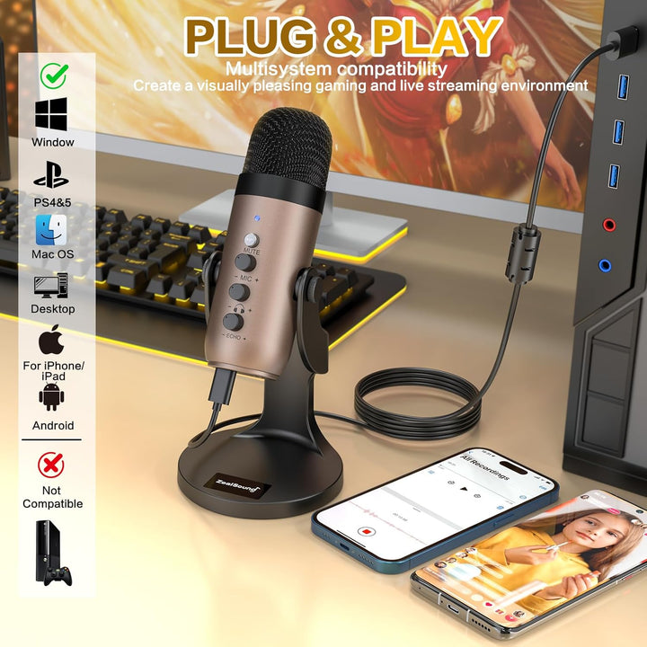 ZealSound Micrófono USB, micrófono condensador de computadora, micr...