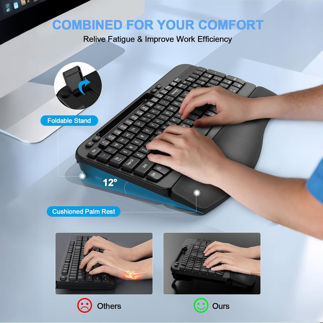 Teclado inalámbrico ergonómico con reposamuñecas acolchado, teclas...