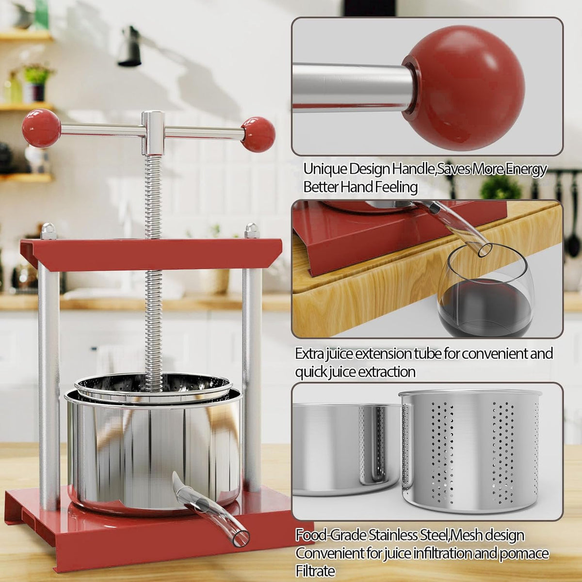 SQUEEZE master Prensa Manual de Tintura de Queso, Hierbas, Frutas, Vino -0.53 Galones/2 Litros-Mango de Bola de Potencia-Acero Inoxidable y Hierro para Jugo, Sidra, Vino, Aceite de Oliva