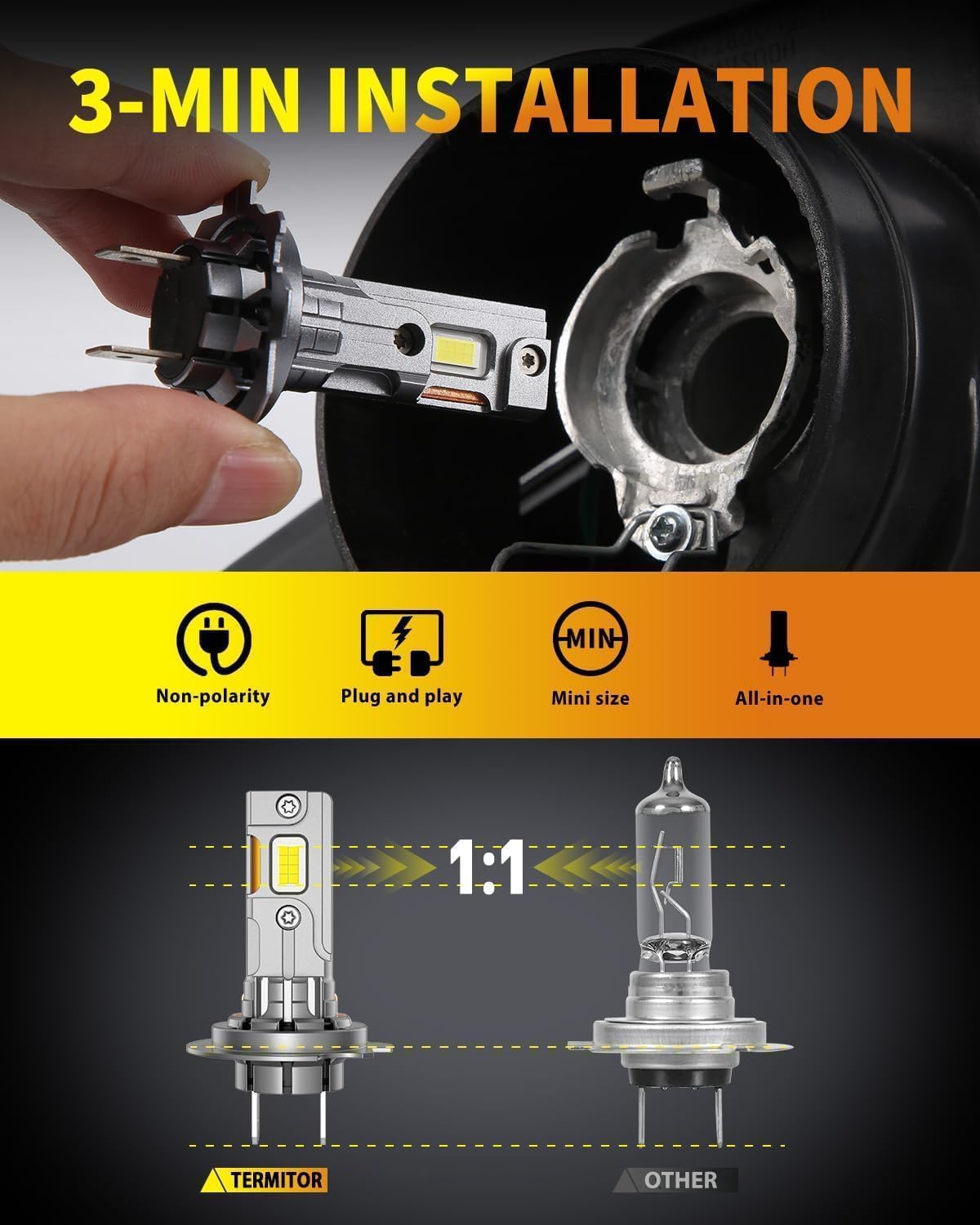 Termitor Bombillas LED H7, brillo de 100,000 lúmenes, luz blanca diurna de 6500 K, no requiere adaptador, fácil instalación, 85,000 horas + vida útil, bombillas H7 Powersports para MC y ATV, tamaño 1