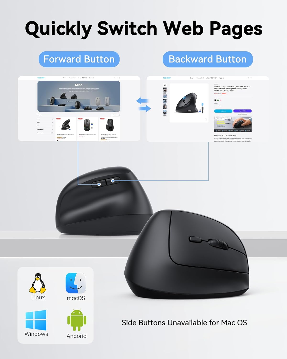 TECKNET Ratón Ergonómico, Ratón Inalámbrico Vertical 2.4G, Ratón de...