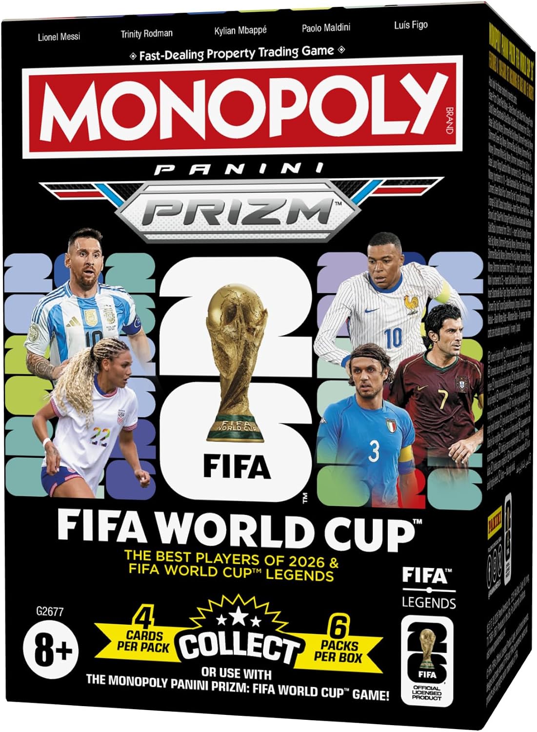 Monopoly Panini Prizm: Caja de cartas coleccionables de la Copa Mundial de la FIFA | Estrellas y leyendas actuales | Más de 2 jugadores, a partir de 8 años | Regalos para fanáticos del fútbol
