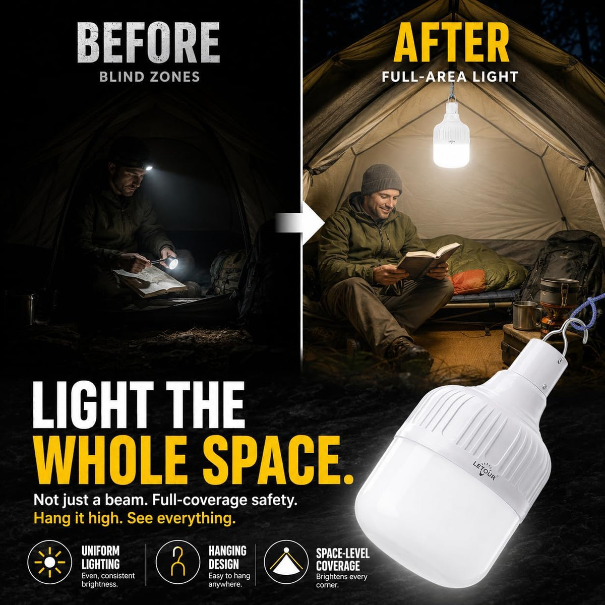 Lámpara Linterna de camping LETOUR Bombilla LED regulable, 5 modos de iluminación, recargable por USB, para colgar, 4800 lúmenes, linterna de emergencia portátil, para acampar, senderismo, jardín, barbacoa/interrupción