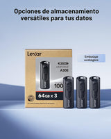 Lexar Paquete de 3 Memorias Flash A30E de 64GB USB 3.2 Gen 1, Unida...