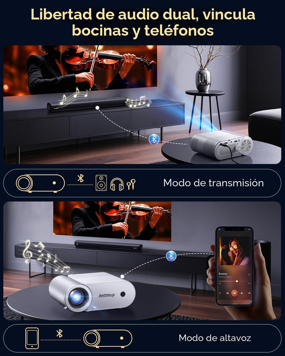 Mini proyector con WiFi y Bluetooth, 400 ANSI mini proyectores port...