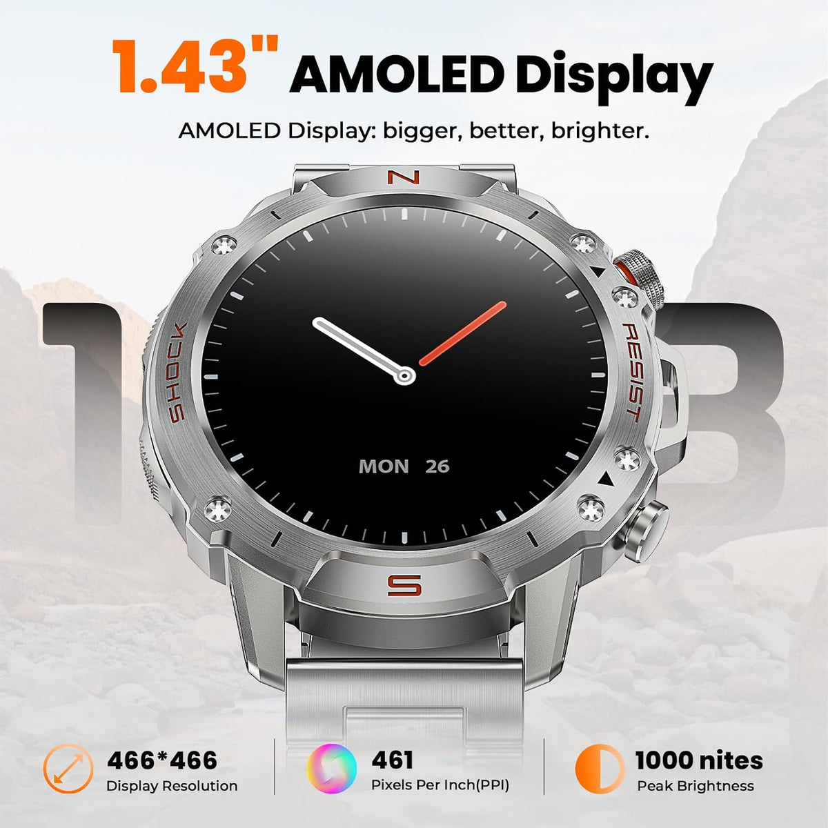 Reloj inteligente plateado para hombre, AMOLED de 1.43 pulgadas