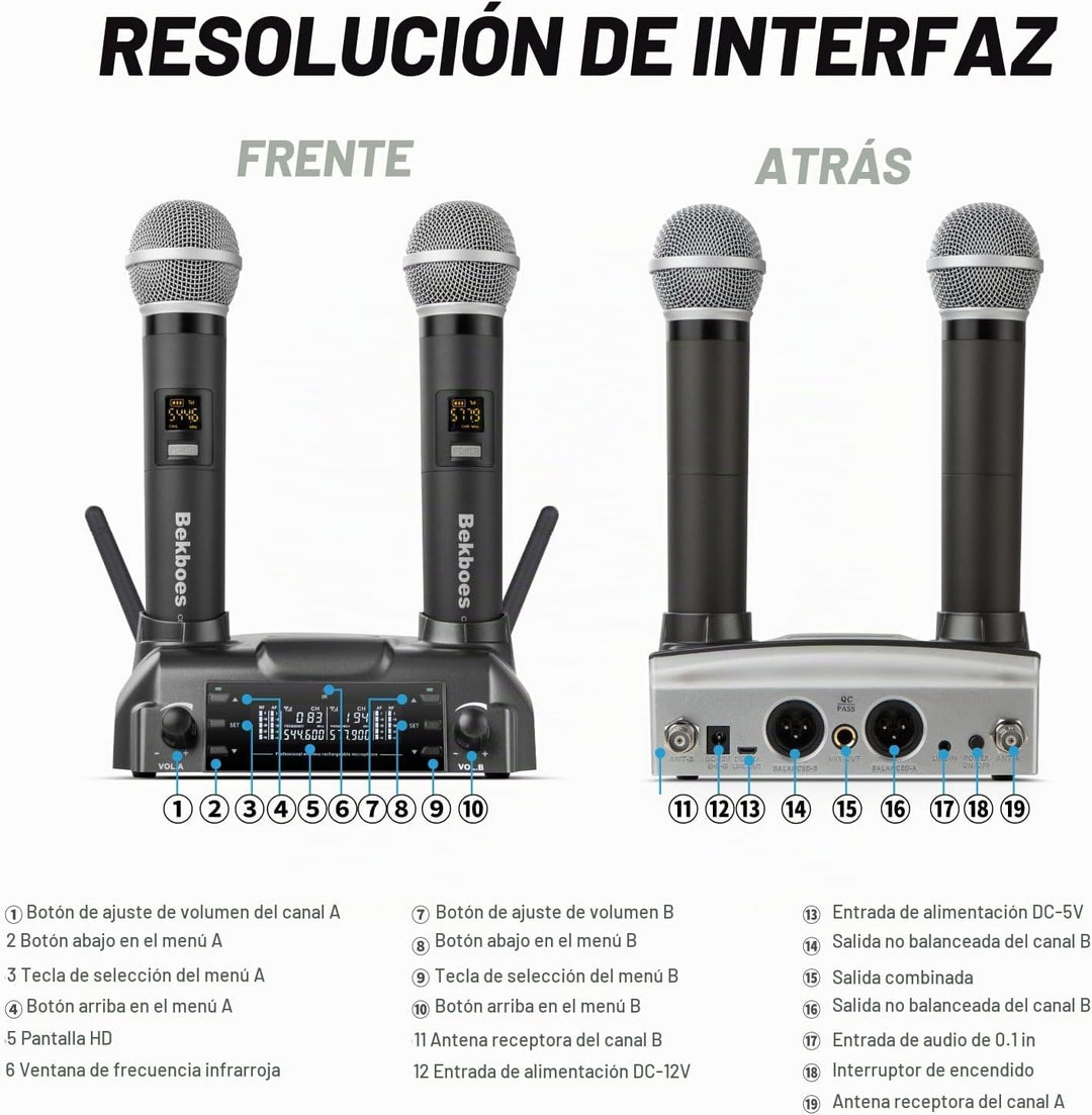 BEKBOES - Sistema de micrófono inalámbrico UHF de doble mano recarg...