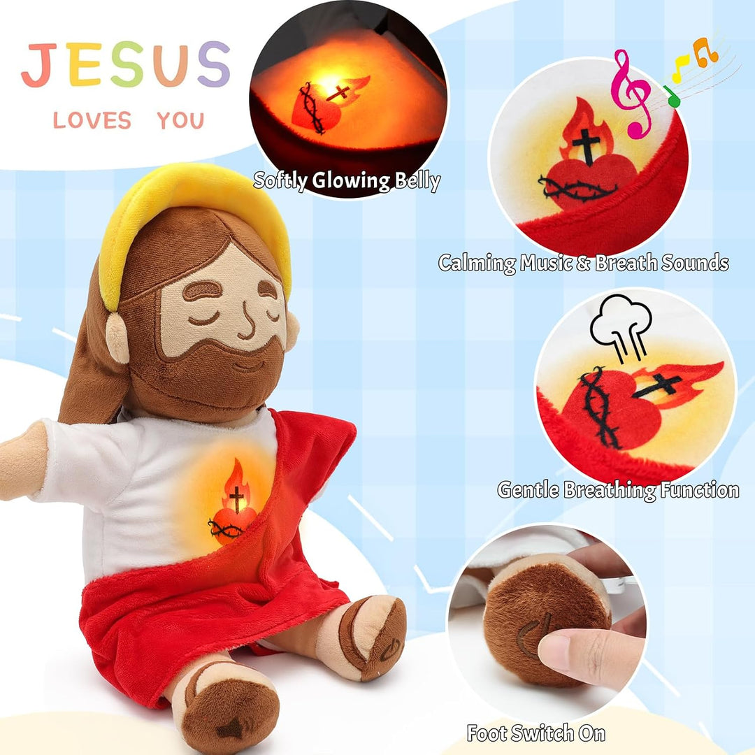 Yelakey Juguetes de peluche calmante de Jesús con luz y sonido, muñ...